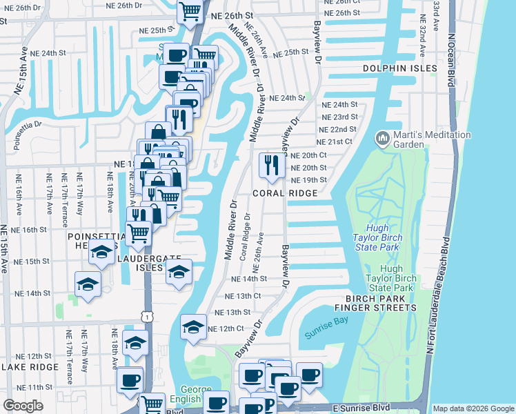 map of restaurants, bars, coffee shops, grocery stores, and more near 1718 Coral Ridge Drive in Fort Lauderdale