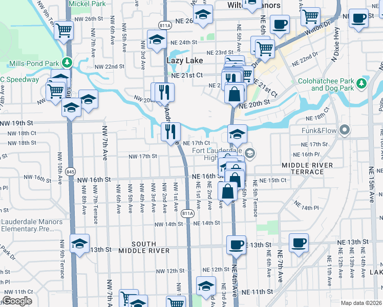 map of restaurants, bars, coffee shops, grocery stores, and more near 201 Northeast 16th Place in Fort Lauderdale