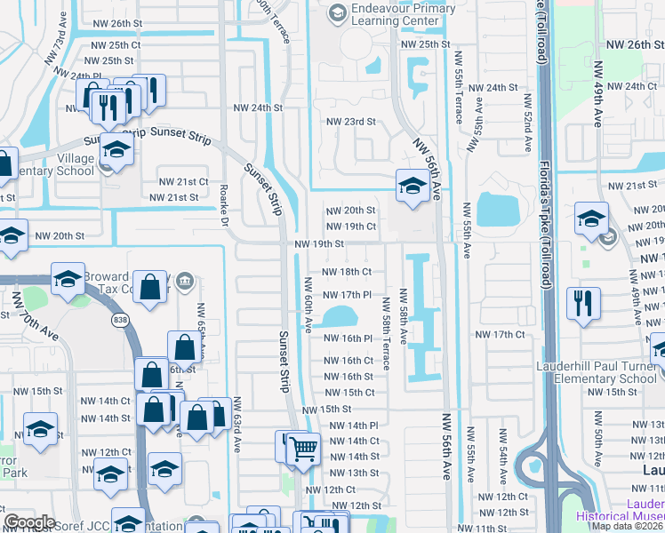 map of restaurants, bars, coffee shops, grocery stores, and more near 5971 Northwest 18th Court in Sunrise