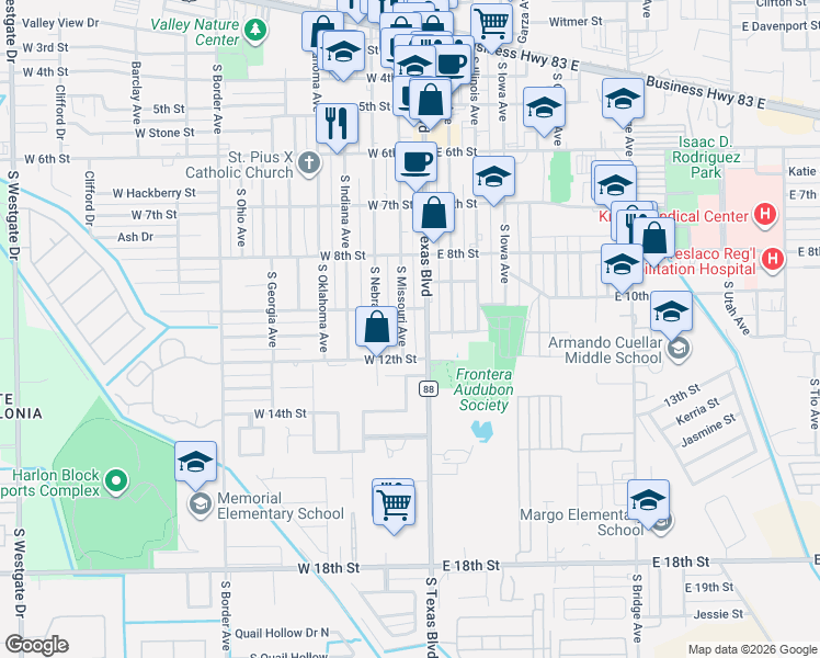 map of restaurants, bars, coffee shops, grocery stores, and more near 1004 South Texas Boulevard in Weslaco