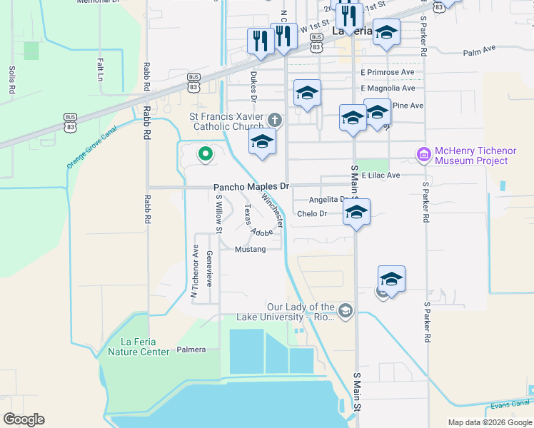 map of restaurants, bars, coffee shops, grocery stores, and more near 125-153 Winchester in La Feria