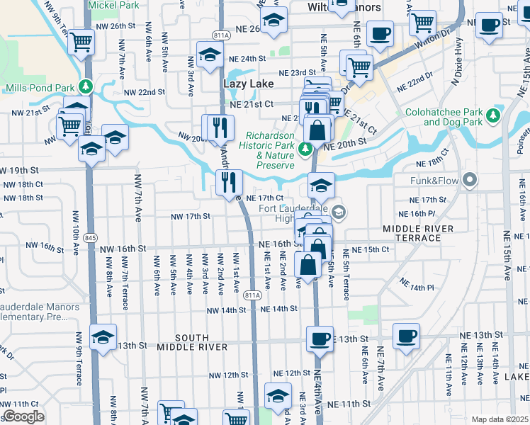 map of restaurants, bars, coffee shops, grocery stores, and more near 201 Northeast 16th Place in Fort Lauderdale