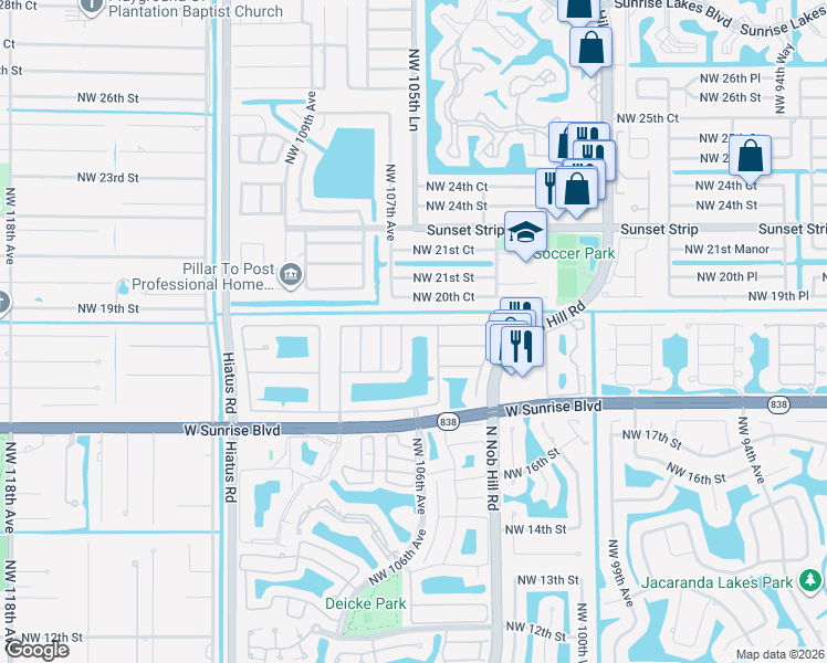 map of restaurants, bars, coffee shops, grocery stores, and more near 10611 Northwest 18th Drive in Plantation