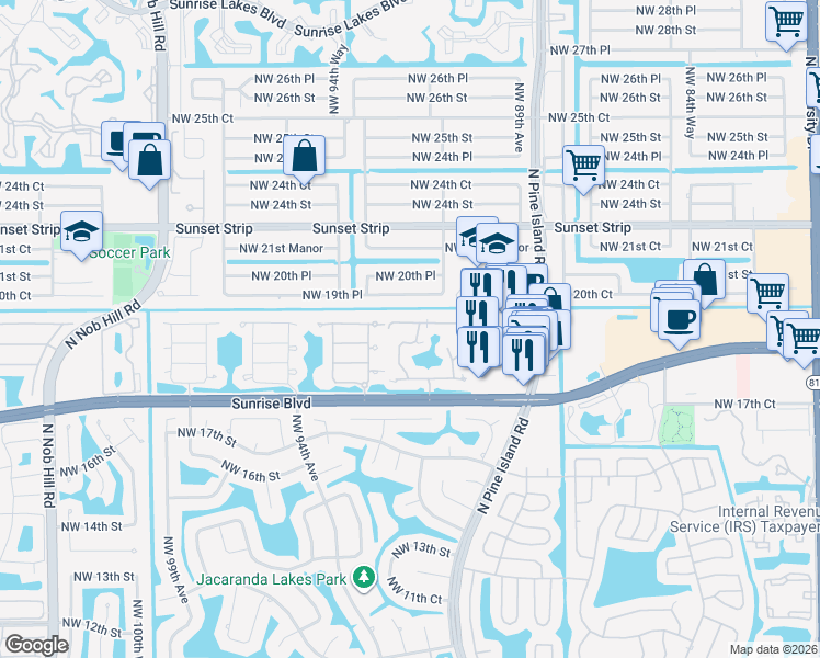 map of restaurants, bars, coffee shops, grocery stores, and more near 9107 West Sunrise Boulevard in Plantation