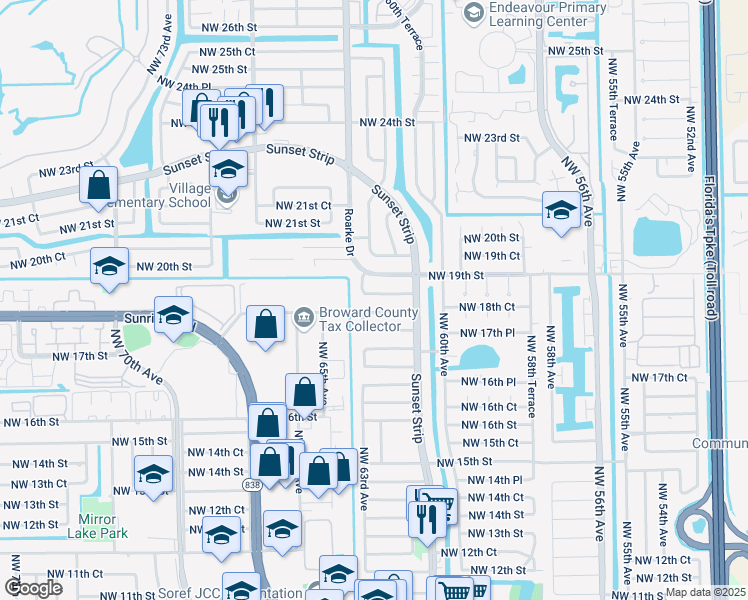 map of restaurants, bars, coffee shops, grocery stores, and more near 6250 Northwest 18th Place in Sunrise