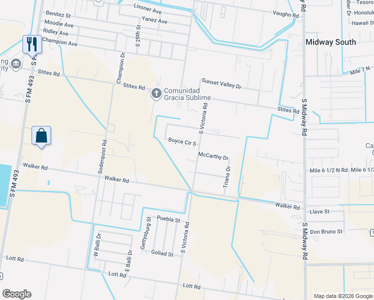 map of restaurants, bars, coffee shops, grocery stores, and more near 3102 Boyce Circle South in Donna