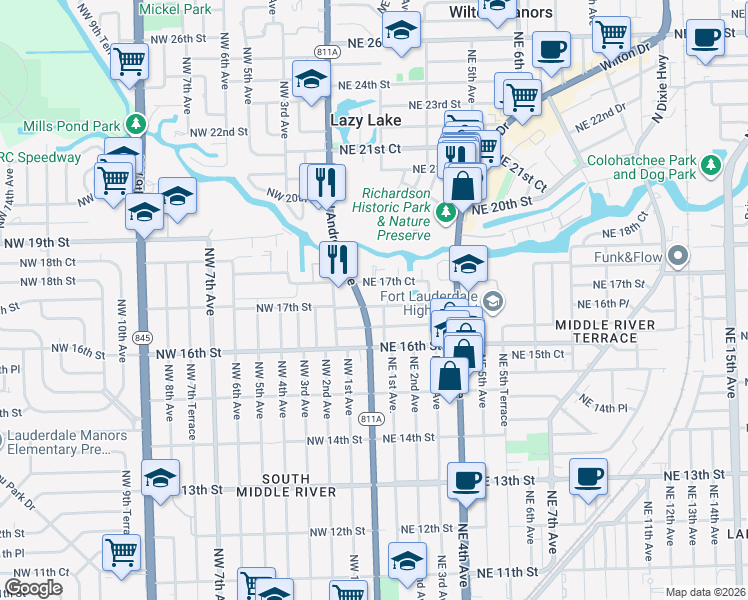 map of restaurants, bars, coffee shops, grocery stores, and more near 1700 North Andrews Avenue in Fort Lauderdale