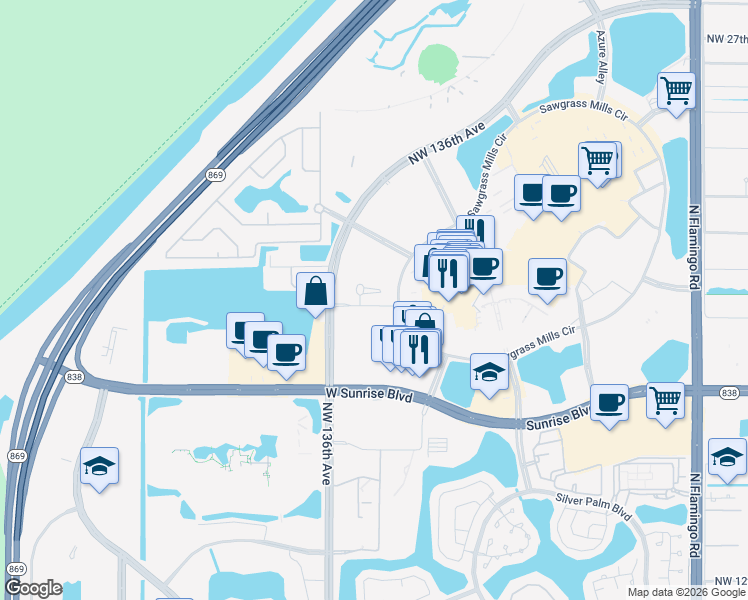 map of restaurants, bars, coffee shops, grocery stores, and more near 2000 Metropica Way in Sunrise