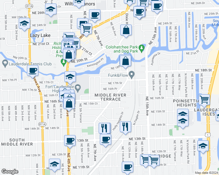 map of restaurants, bars, coffee shops, grocery stores, and more near 1645 Northeast 9th Avenue in Fort Lauderdale