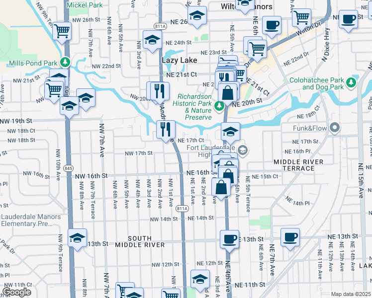 map of restaurants, bars, coffee shops, grocery stores, and more near 201 Northeast 16th Place in Fort Lauderdale
