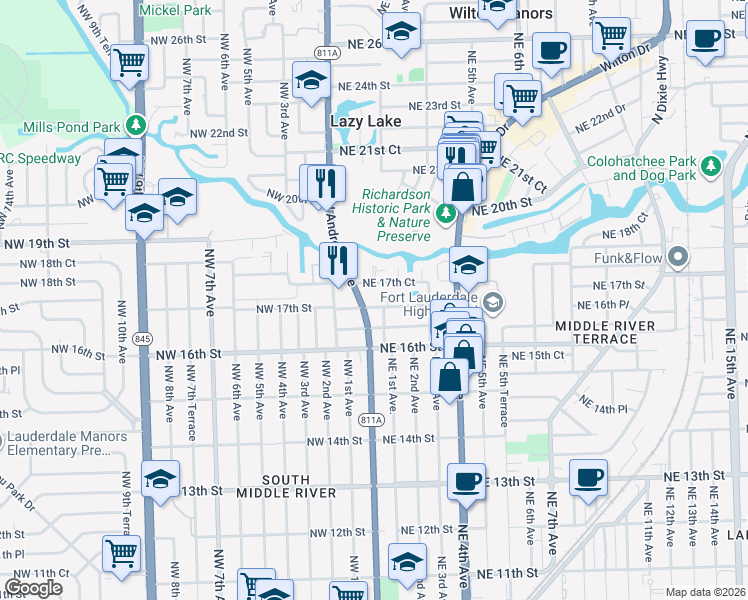 map of restaurants, bars, coffee shops, grocery stores, and more near 1700 North Andrews Avenue in Fort Lauderdale