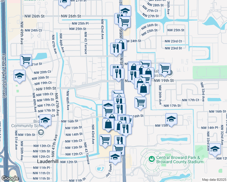 map of restaurants, bars, coffee shops, grocery stores, and more near 1879 Florida 7 in Lauderhill