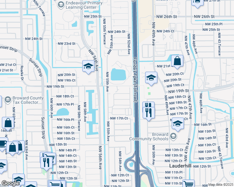 map of restaurants, bars, coffee shops, grocery stores, and more near 5227 Northwest 18th Place in Lauderhill