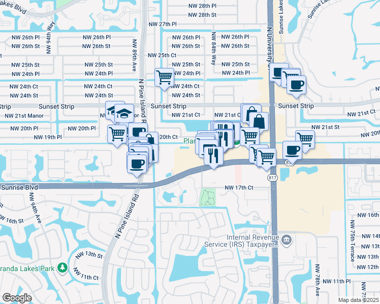 map of restaurants, bars, coffee shops, grocery stores, and more near in Plantation