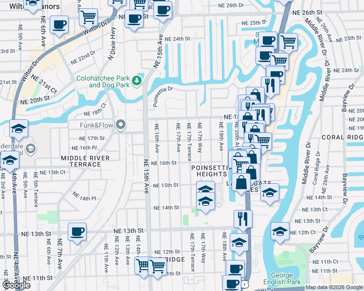 map of restaurants, bars, coffee shops, grocery stores, and more near 1645 Northeast 17th Terrace in Fort Lauderdale