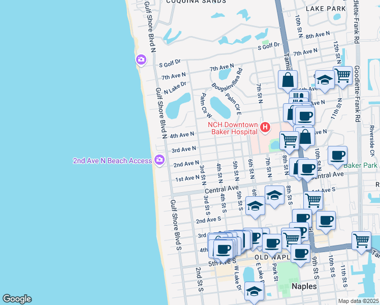 map of restaurants, bars, coffee shops, grocery stores, and more near 242 3rd Avenue North in Naples