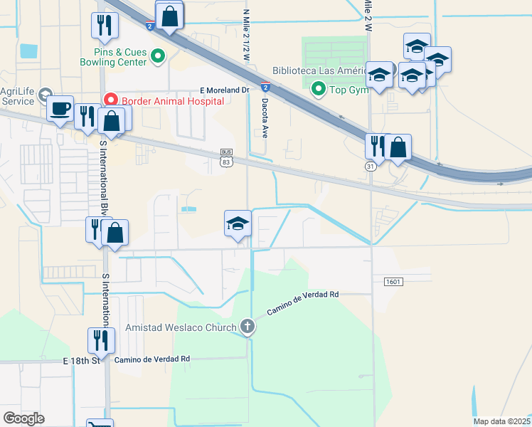 map of restaurants, bars, coffee shops, grocery stores, and more near 17 Mesquite Lane in Mercedes