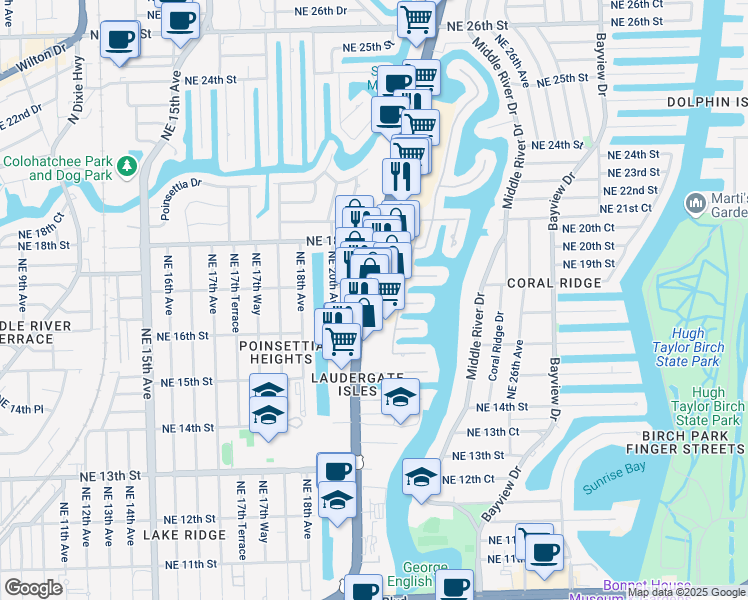 map of restaurants, bars, coffee shops, grocery stores, and more near 1630 North Federal Highway in Fort Lauderdale