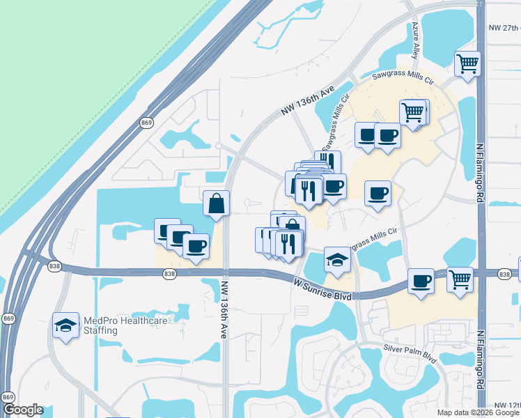 map of restaurants, bars, coffee shops, grocery stores, and more near 2000 Metropica Way in Sunrise