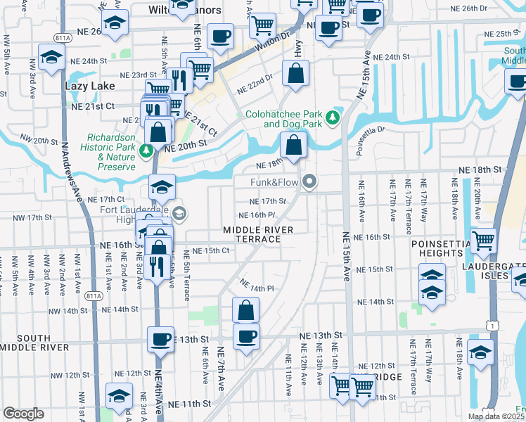 map of restaurants, bars, coffee shops, grocery stores, and more near 1645 Northeast 9th Avenue in Fort Lauderdale