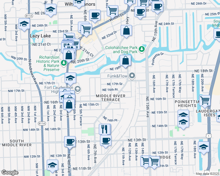 map of restaurants, bars, coffee shops, grocery stores, and more near 1645 Northeast 9th Avenue in Fort Lauderdale