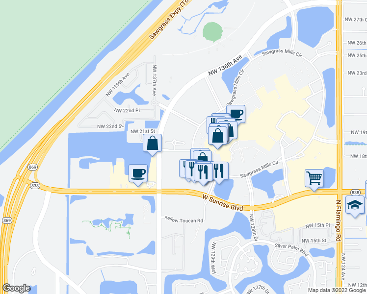 map of restaurants, bars, coffee shops, grocery stores, and more near 2000 Metropica Way in Sunrise