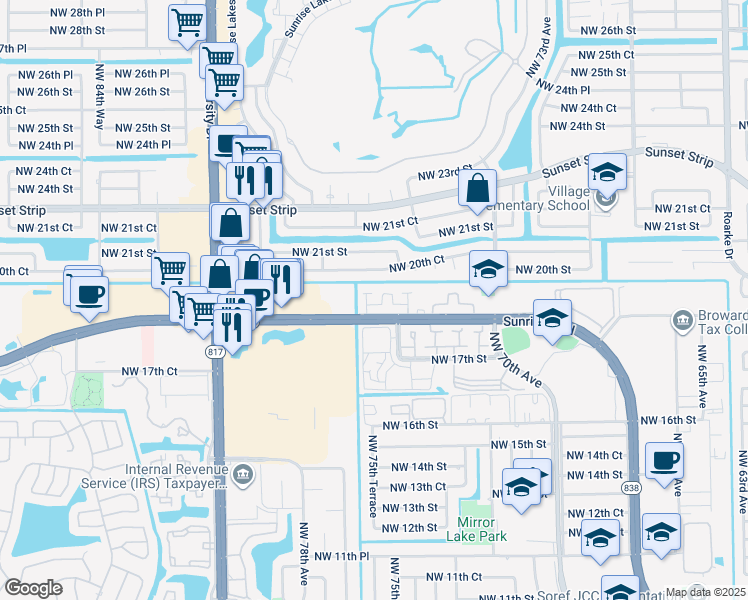map of restaurants, bars, coffee shops, grocery stores, and more near 7541 West Sunrise Boulevard in Plantation