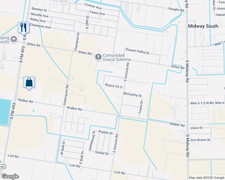map of restaurants, bars, coffee shops, grocery stores, and more near 3102 Boyce Circle South in Donna