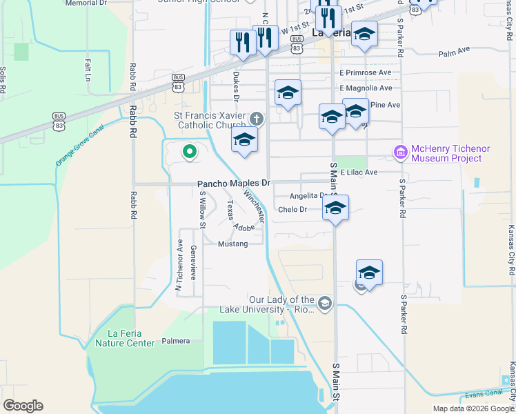 map of restaurants, bars, coffee shops, grocery stores, and more near 125-153 Winchester in La Feria