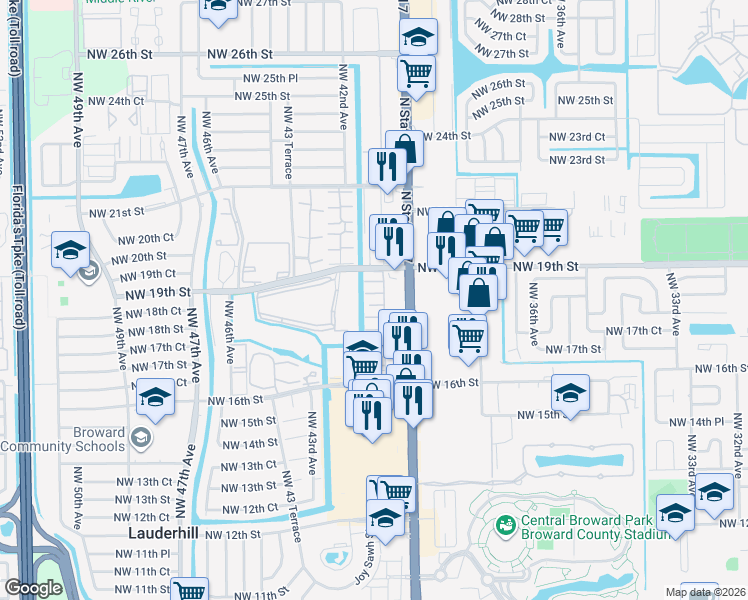 map of restaurants, bars, coffee shops, grocery stores, and more near 4042 Northwest 19th Street in Lauderhill