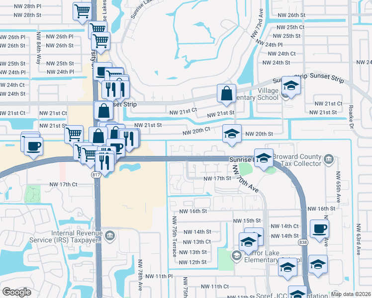 map of restaurants, bars, coffee shops, grocery stores, and more near 7541 West Sunrise Boulevard in Plantation