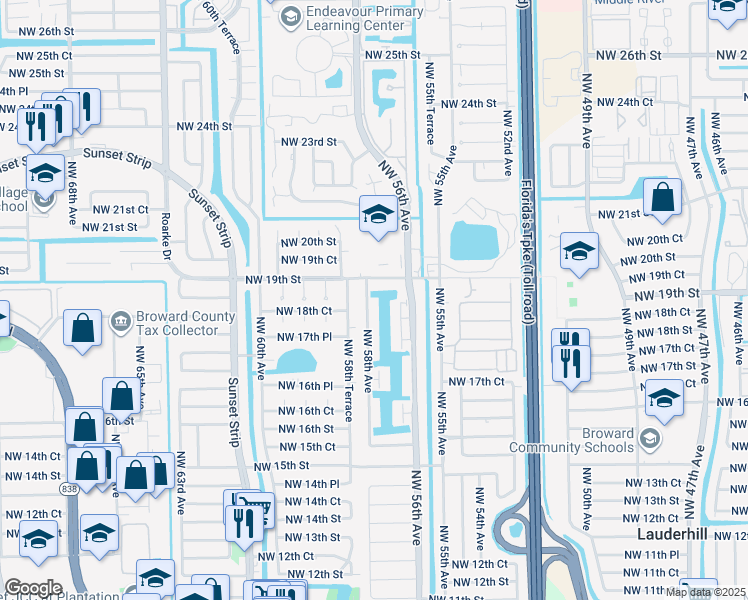 map of restaurants, bars, coffee shops, grocery stores, and more near 1842 Northwest 58th Avenue in Lauderhill