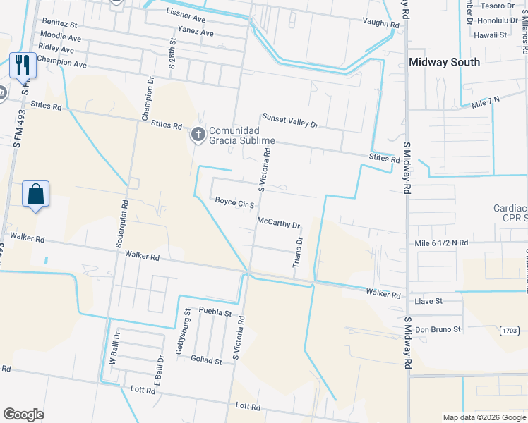 map of restaurants, bars, coffee shops, grocery stores, and more near 1407 South Victoria Road in Donna