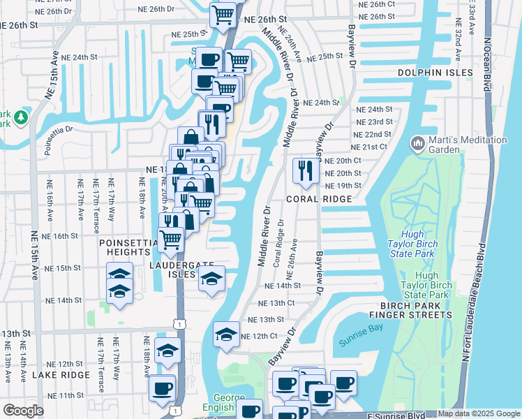 map of restaurants, bars, coffee shops, grocery stores, and more near 1717 Middle River Drive in Fort Lauderdale