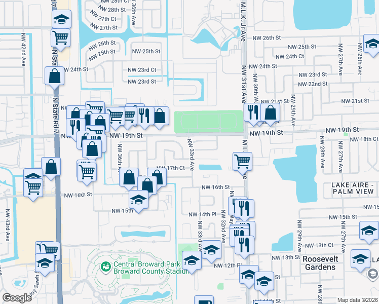 map of restaurants, bars, coffee shops, grocery stores, and more near 1821 Northwest 33rd Avenue in Fort Lauderdale