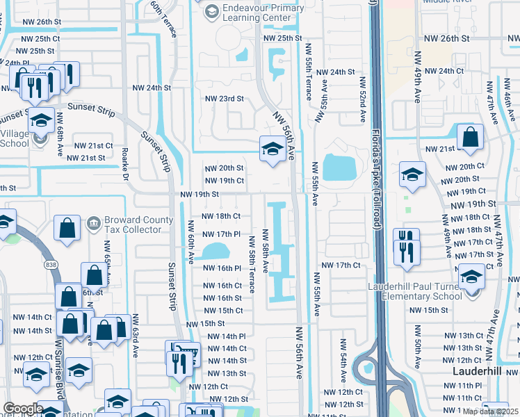 map of restaurants, bars, coffee shops, grocery stores, and more near 1871 Northwest 58th Terrace in Sunrise