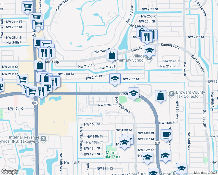 map of restaurants, bars, coffee shops, grocery stores, and more near 7205 West Sunrise Boulevard in Plantation