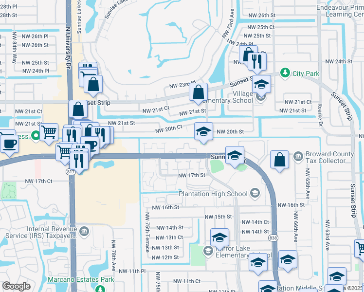 map of restaurants, bars, coffee shops, grocery stores, and more near 7205 West Sunrise Boulevard in Plantation
