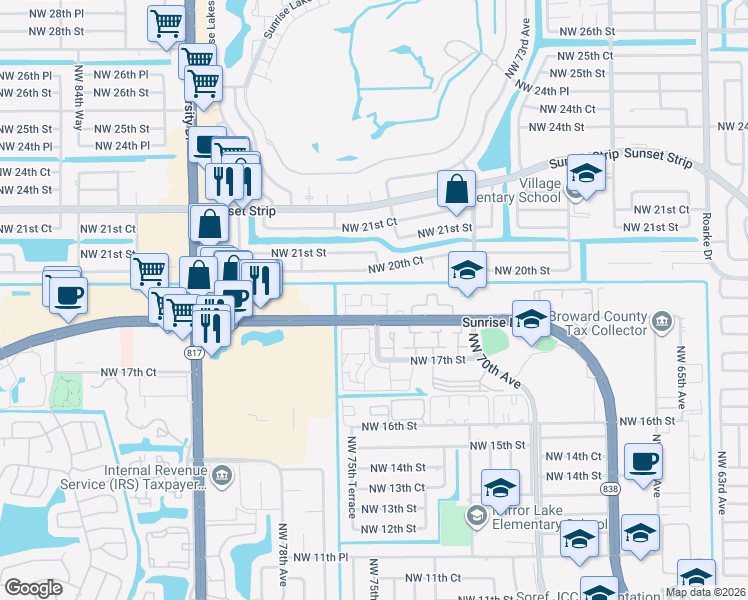map of restaurants, bars, coffee shops, grocery stores, and more near 7541 West Sunrise Boulevard in Plantation