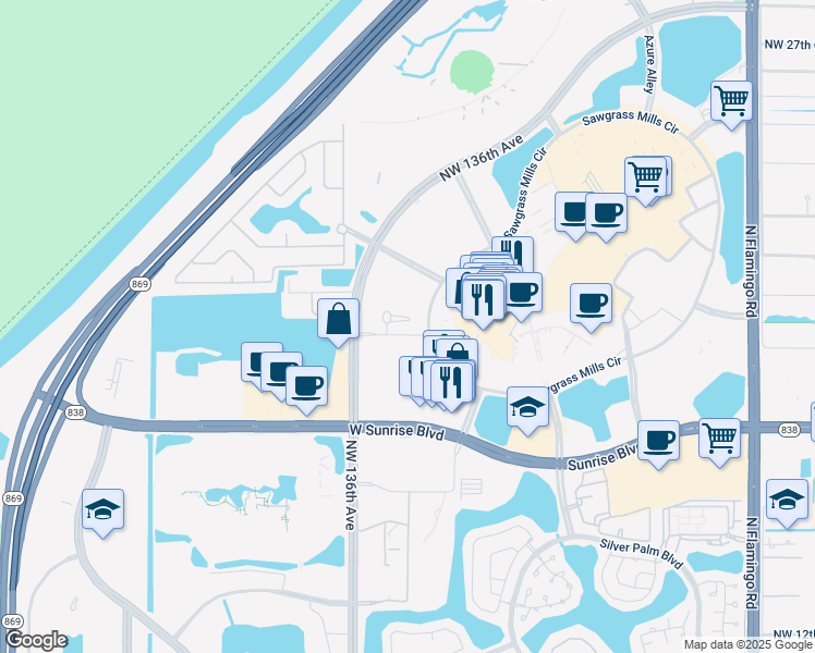 map of restaurants, bars, coffee shops, grocery stores, and more near 2000 Metropica Way in Sunrise