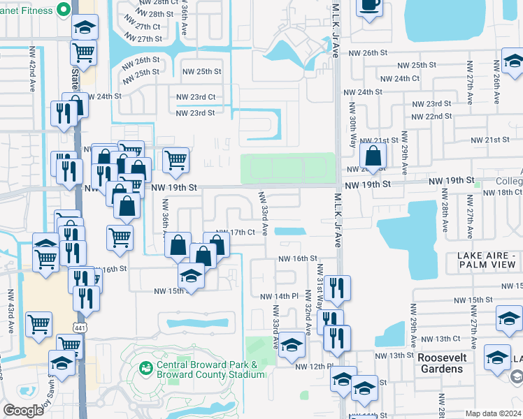 map of restaurants, bars, coffee shops, grocery stores, and more near 1821 Northwest 33rd Avenue in Fort Lauderdale