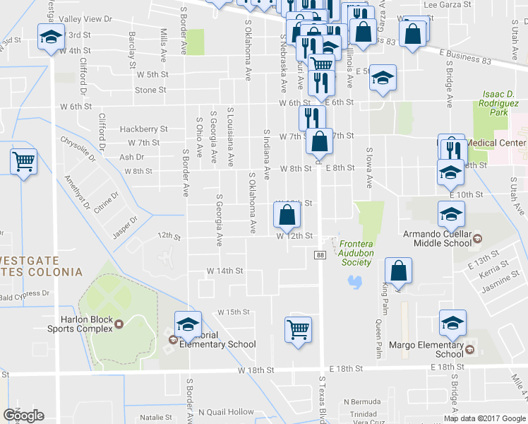 map of restaurants, bars, coffee shops, grocery stores, and more near 1004 South Indiana Avenue in Weslaco