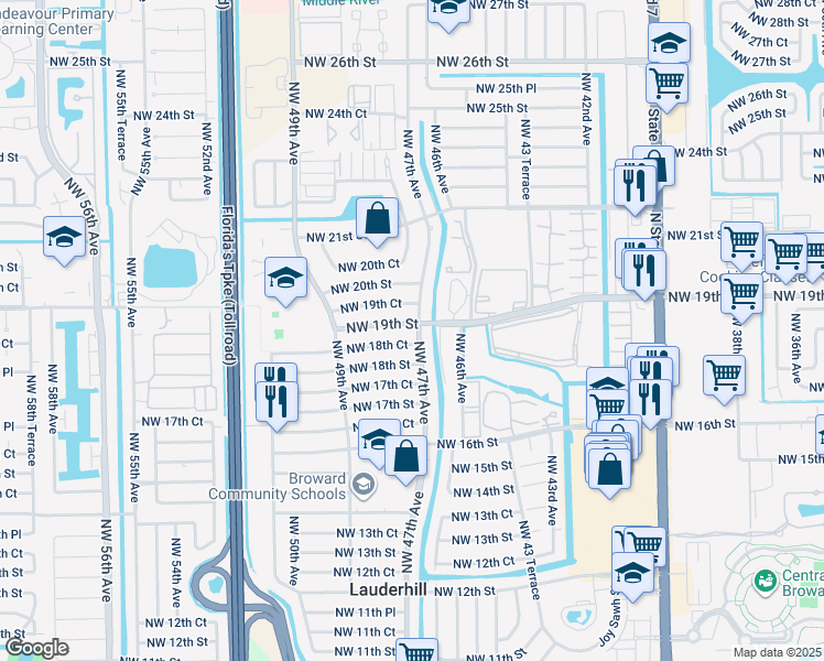 map of restaurants, bars, coffee shops, grocery stores, and more near 1851 Northwest 47th Avenue in Lauderhill