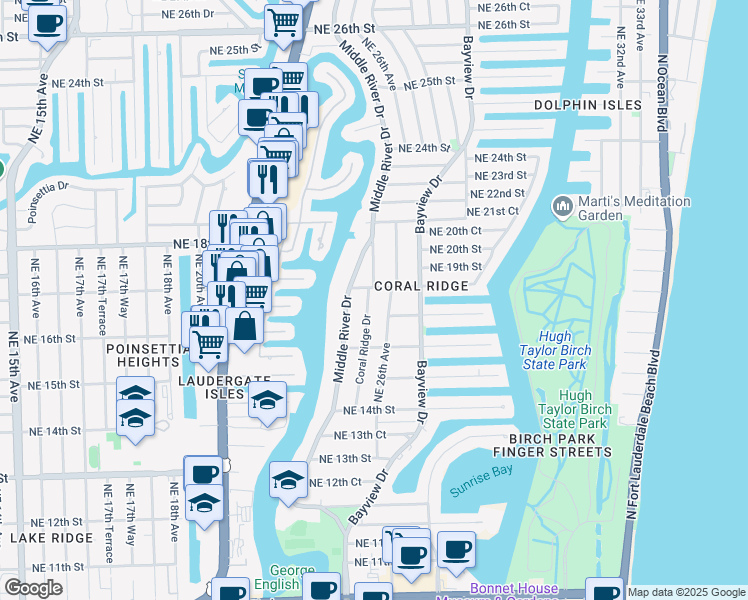 map of restaurants, bars, coffee shops, grocery stores, and more near 1718 Coral Ridge Drive in Fort Lauderdale