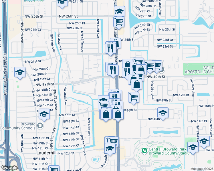 map of restaurants, bars, coffee shops, grocery stores, and more near 4042 Northwest 19th Street in Lauderhill