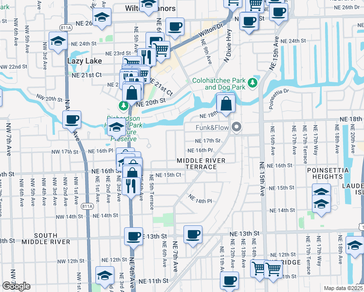 map of restaurants, bars, coffee shops, grocery stores, and more near 1701 Northeast 8th Avenue in Fort Lauderdale