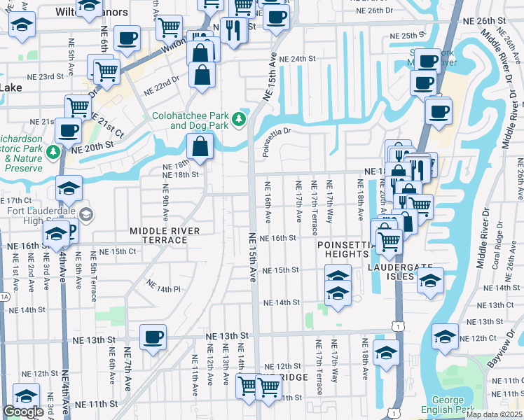 map of restaurants, bars, coffee shops, grocery stores, and more near 1512 Northeast 17th Street in Fort Lauderdale