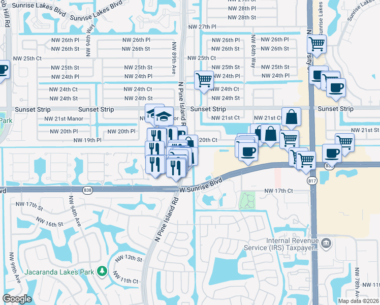 map of restaurants, bars, coffee shops, grocery stores, and more near 1949 North Pine Island Road in Plantation