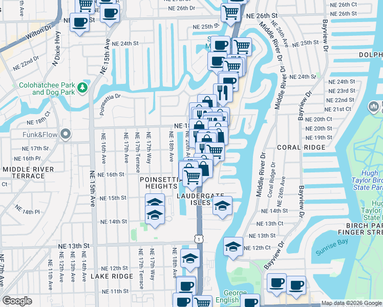 map of restaurants, bars, coffee shops, grocery stores, and more near 1620 Northeast 20th Avenue in Fort Lauderdale