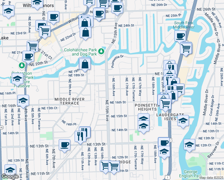 map of restaurants, bars, coffee shops, grocery stores, and more near 1512 Northeast 17th Street in Fort Lauderdale
